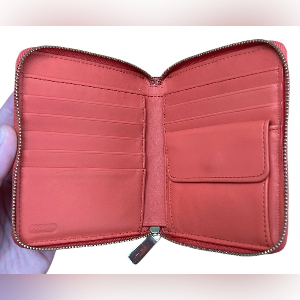 Coach Red/Coral Zip-around Leather Compact Wallet - Picture 3 of 8